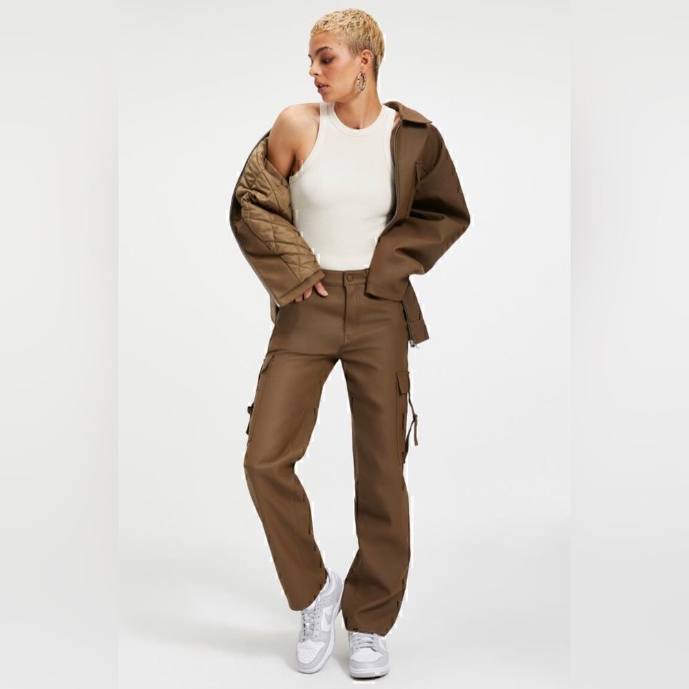NWT Good American Good 90s Faux Leather Trooper Pants In Fog Size 20